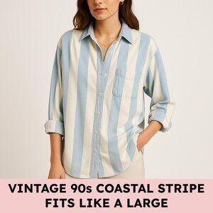 Vintage 90s Cotton Stripe Oversized Button Down Coastal Grandma Top Blue Large